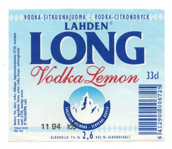 Lahden LONG Vodka Lemon etiketti 1994