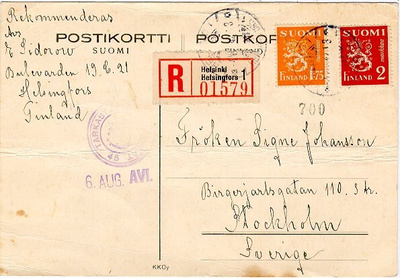 M30 1942 kirjattu postikortti Ruotsiin