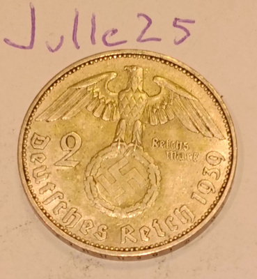 2 Reichsmark 1939 J natsisaksa hopeaa