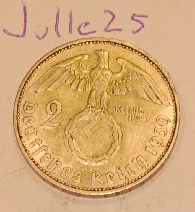 2 Reichsmark 1939 J natsisaksa hopeaa