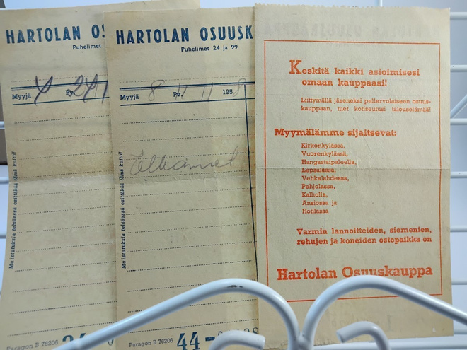 3 x kuitti v.1958 Hartolan Osuuskauppa