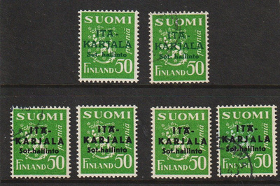 1941-43 50Pennin Itä-Karjala-lisäpainamamerkkejä 6erilaista