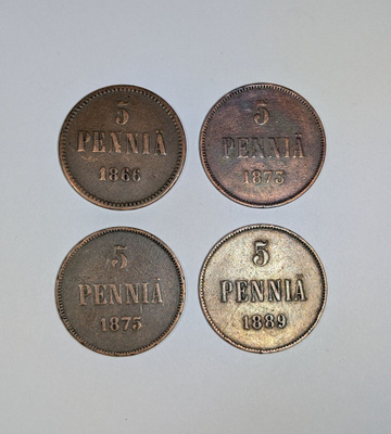 5penniä 1866,73,75,89