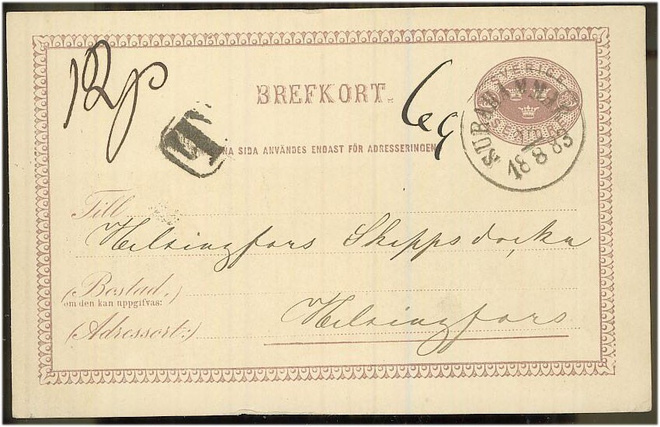 1883 postikortti Ruotsista - lunastus 12p