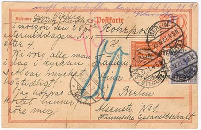 Saksa 1921 40pfg ehiö lisämerkein putkipostilla