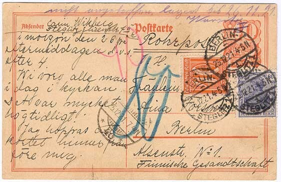 Saksa 1921 40pfg ehiö lisämerkein putkipostilla