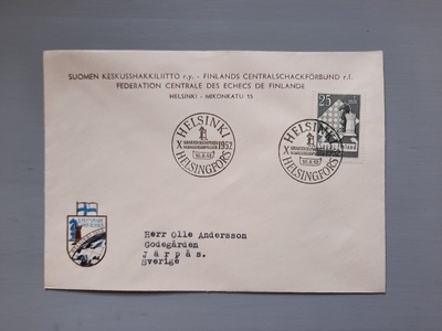 FDC Suomi 1952 Shakki, olympia,  teemakuori