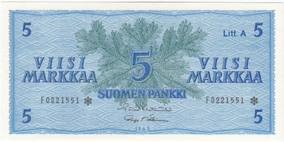5 Markkaa 1963 Litt.A F-sarjaa tähdellä, kl.8
