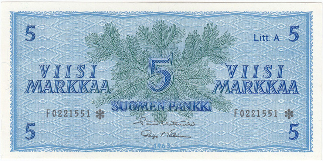 5 Markkaa 1963 Litt.A F-sarjaa tähdellä, kl.8