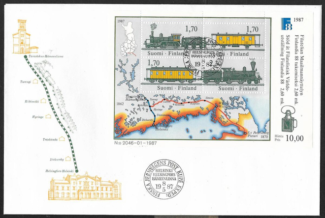 Finlandia 88 1987 FDC (LAPE 1014-1017 ; BL3) Finska jernvä..