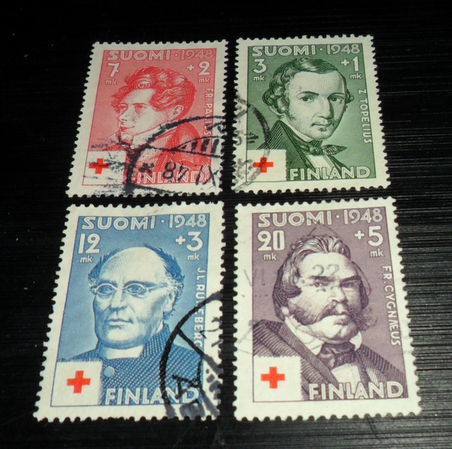 PUNAINEN RISTI 1948 LAPE 345-348 PYÖRÖ LEIMATTUINA
