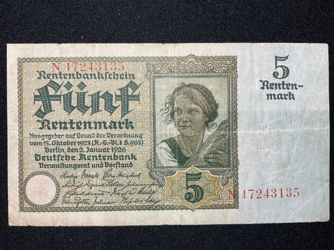 Rentenbankshein Fynf 5 Rentenmark 2.Jan.1926.