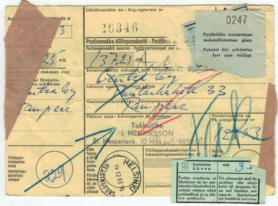 M63 1963 1 mk Hki 3-rivilö postiennakkopaketin palautus