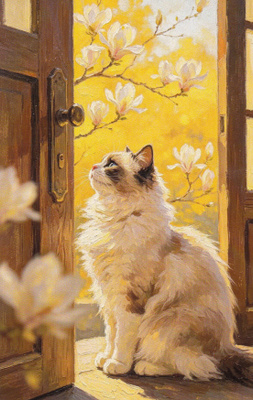 Kissa ovensuussa, kukkiva magnolia