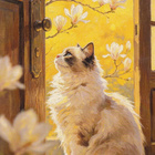 Kissa ovensuussa, kukkiva magnolia - pikkukuva 1