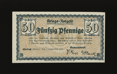 Saksa Notgeld 50 Pfennig, Eberbach 1.9.1918