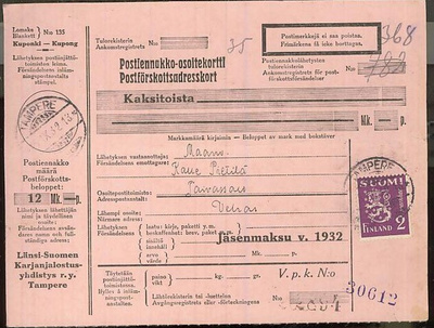 M30 1932 2 mk virkalähetyksen postiennakkomaksu