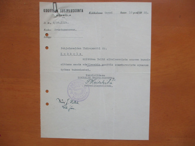 1938 Kokkola suojeluskuntadokumentti