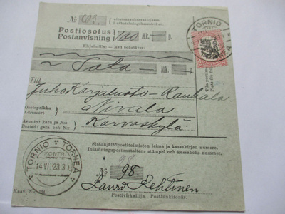 1923 Tornio Kontr. postiosoituksella