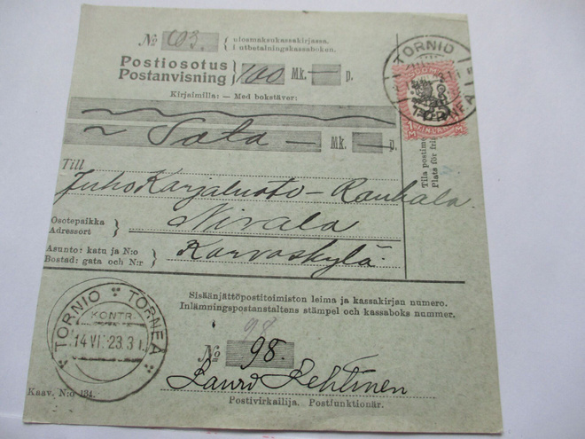 1923 Tornio Kontr. postiosoituksella