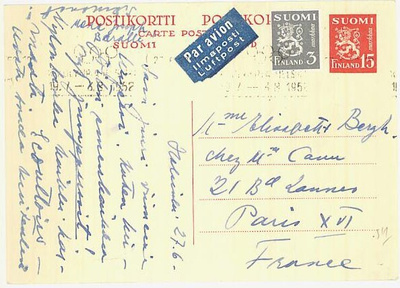 M30 1952 15mk ehiö lisämerkillä lentopostissa Ranskaan