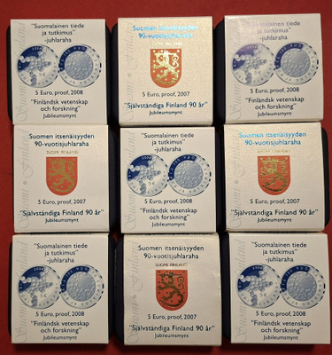 9 x 5 € PROOF: Suomen 90 vuotta + Tiede ja tutkimus.