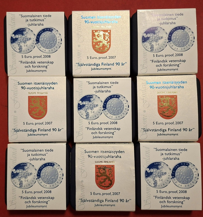 9 x 5 € PROOF: Suomen 90 vuotta + Tiede ja tutkimus.
