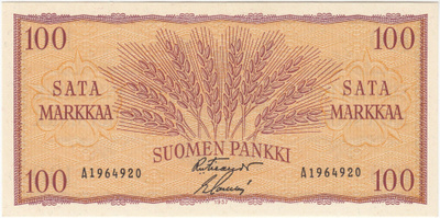 100 Markkaa 1957 A-sarjaa, kl.9
