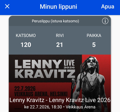 Lenny Kravitz 22.7.2026 Helsinki, 2 vierekkäistä lippua