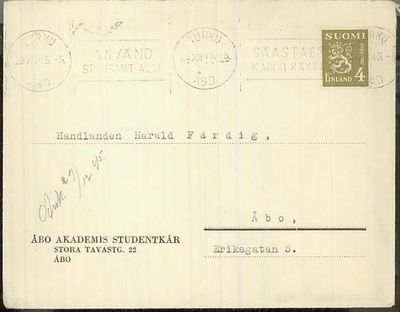 M30 1945 4mk oliivi paikalliskirje Turussa