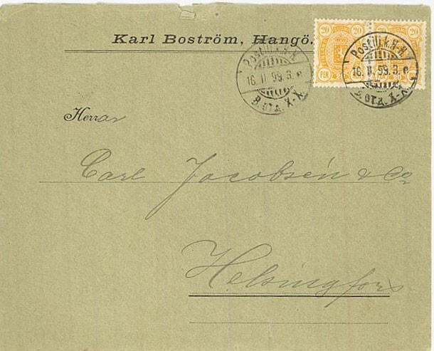 Boström Hanko - firmakuori 1899 Hkiin 20p pari