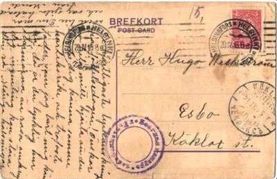 POSTIKORTTI HELSNKI-ESBO KÖKLAKS ST.+ SENSUURILEIMA