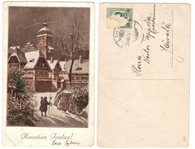 Vanha kortti, talvinen maisema, vuodelta 1923