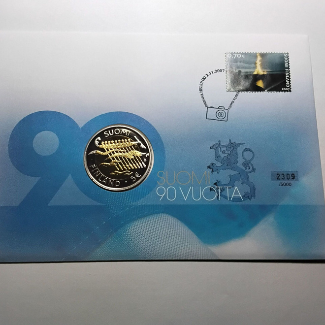 Suomi 5 euro 2007 proof rahakirjeenä