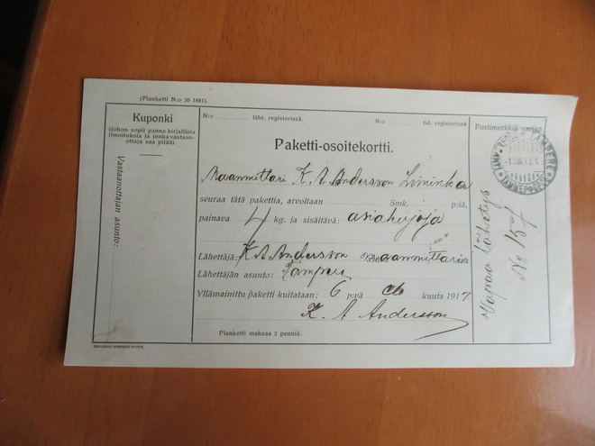 1917 Tampere vapaapakettikortti Liminkaan