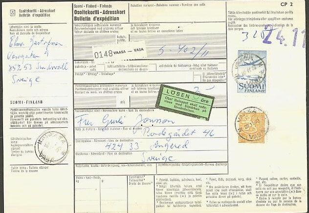 1970 paketti Vaasasta Ruotsiin