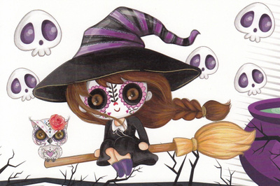 Halloween noitatyttö lentää luudalla