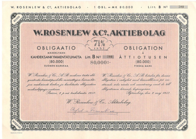 OKK obligaatio W.Rosenlew & Co 2.5.1957 Pori