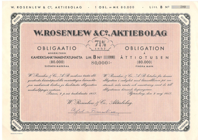 OKK obligaatio W.Rosenlew & Co 2.5.1957 Pori