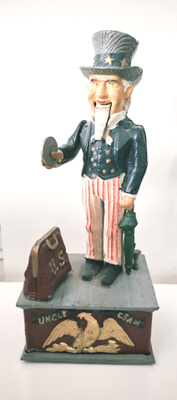 Vintage Uncle Sam valurautainen mekaaninen kolikkopankki