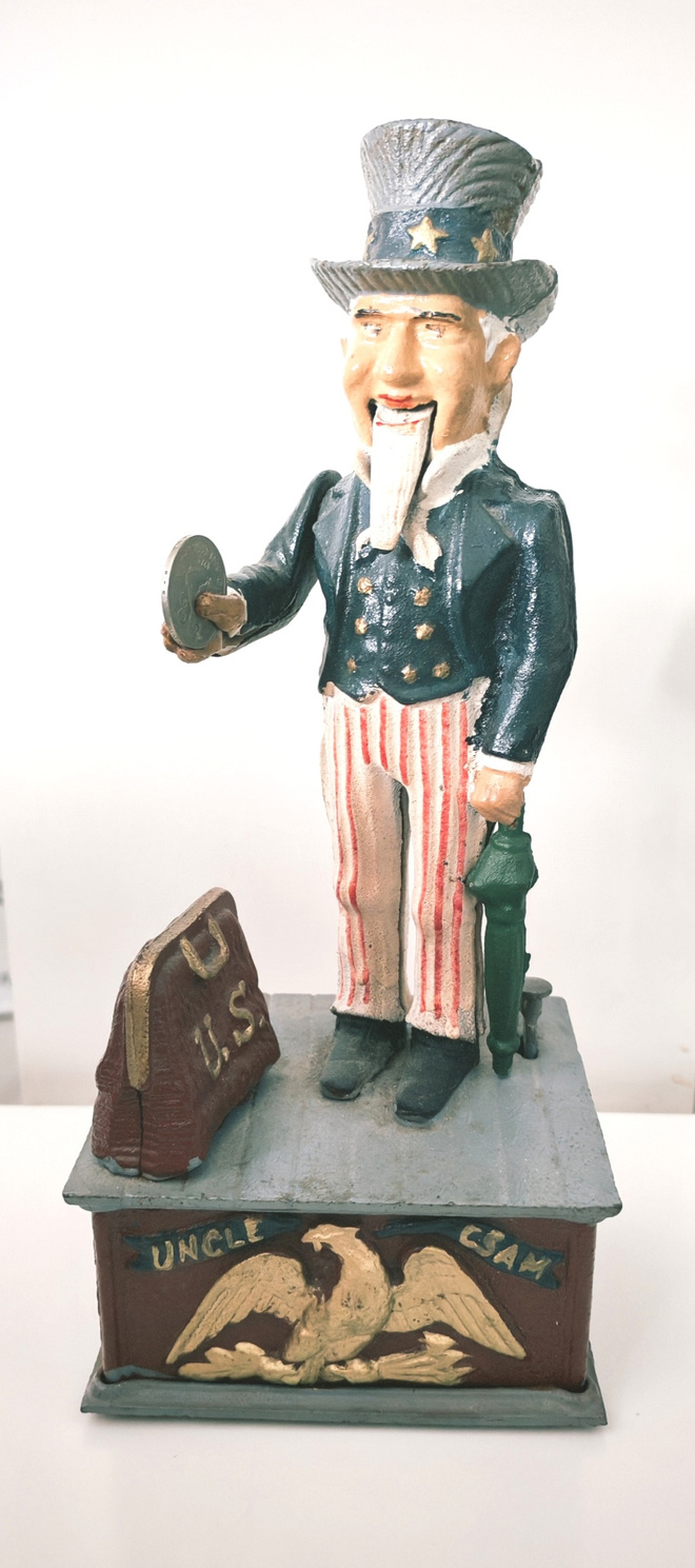 Vintage Uncle Sam valurautainen mekaaninen kolikkopankki