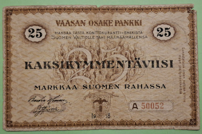 Vaasan Osake Pankki, 25 mk 1918 nro A50052, kunto 2-3. (KD3)
