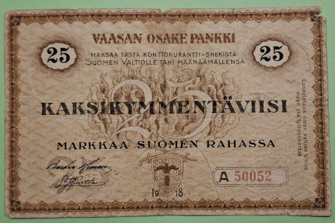 Vaasan Osake Pankki, 25 mk 1918 nro A50052, kunto 2-3. (KD3)