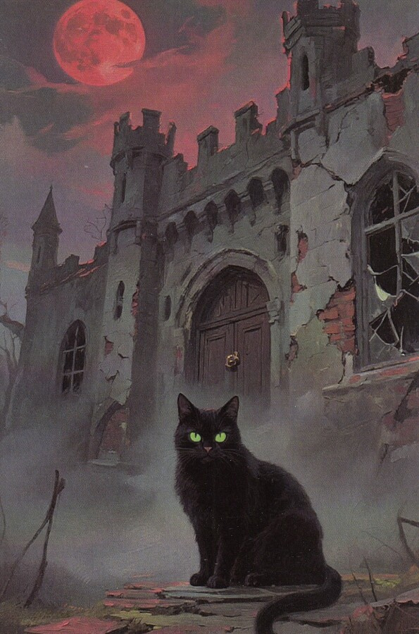 Halloween linnan raunio, vihreäsilmäinen kissa