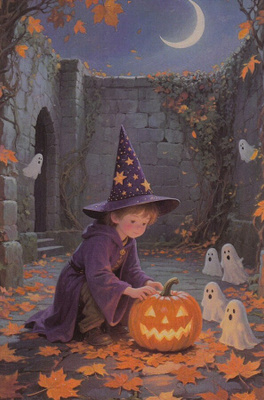Halloween pieni velho ja kurpitsa