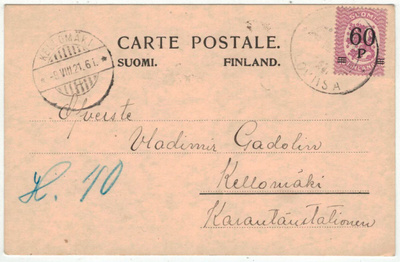1921 60/40p postikortti KELLOMÄKI tuloleima