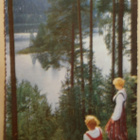 Kansanpukuiset leidit harjulla katsomassa järvelle, p. 1961 - pikkukuva 1
