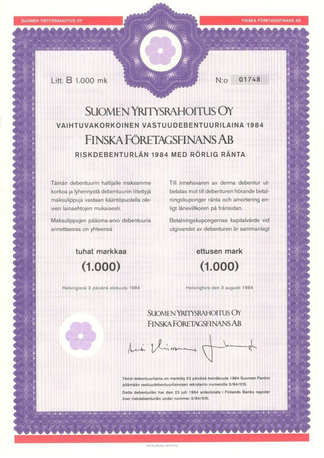 OKK obligaatio Suomen Yritysrahoitus 3.8.1984