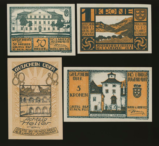 Itävalta Notgeld 50, 80 Heller, 1, 5 Kronen, Wien 1920