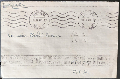 Kenttäpostia talvisodan päättymispäivänä 13.3.1940, sensuuri